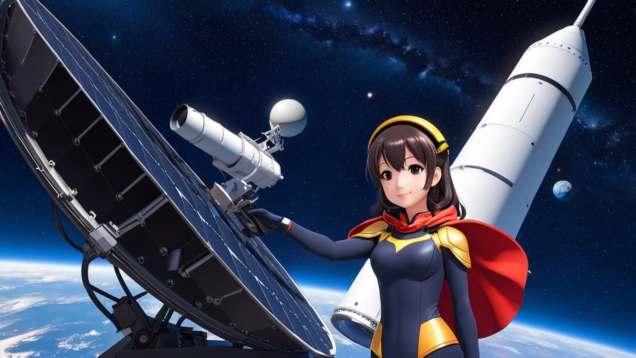 Young female anime character in space suit with telescope