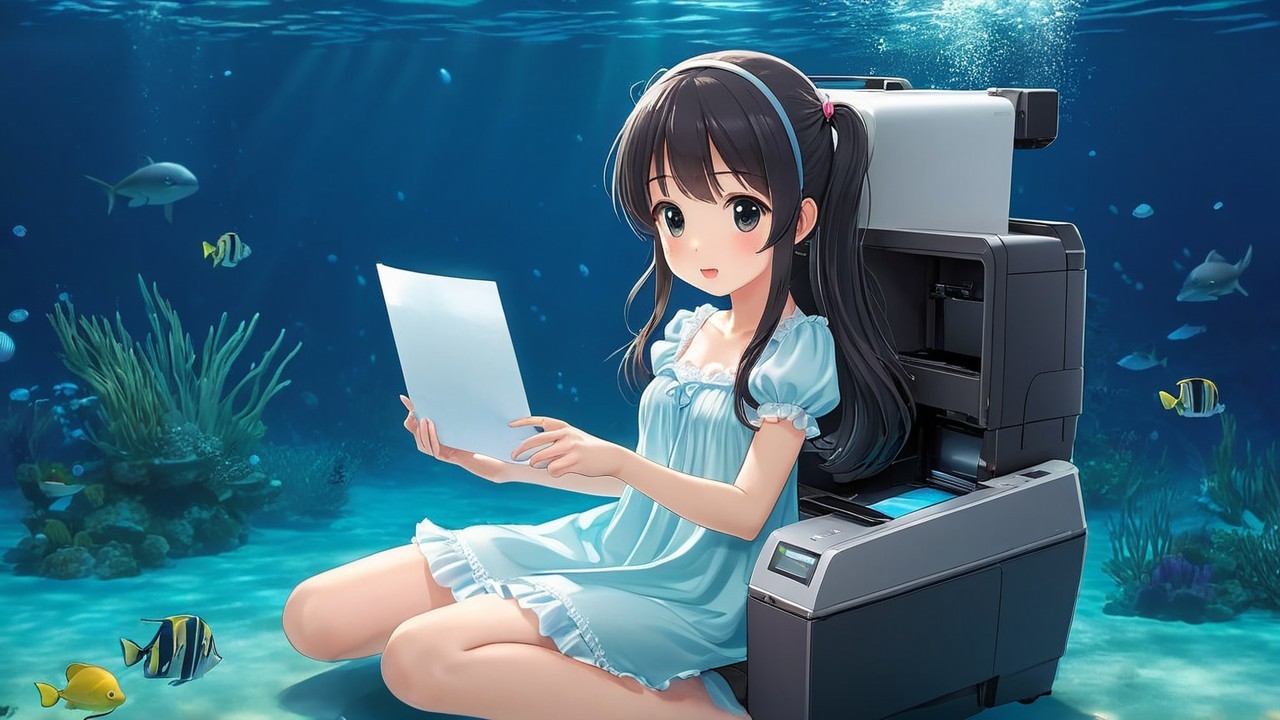 Young girl underwater with printer and colorful fish