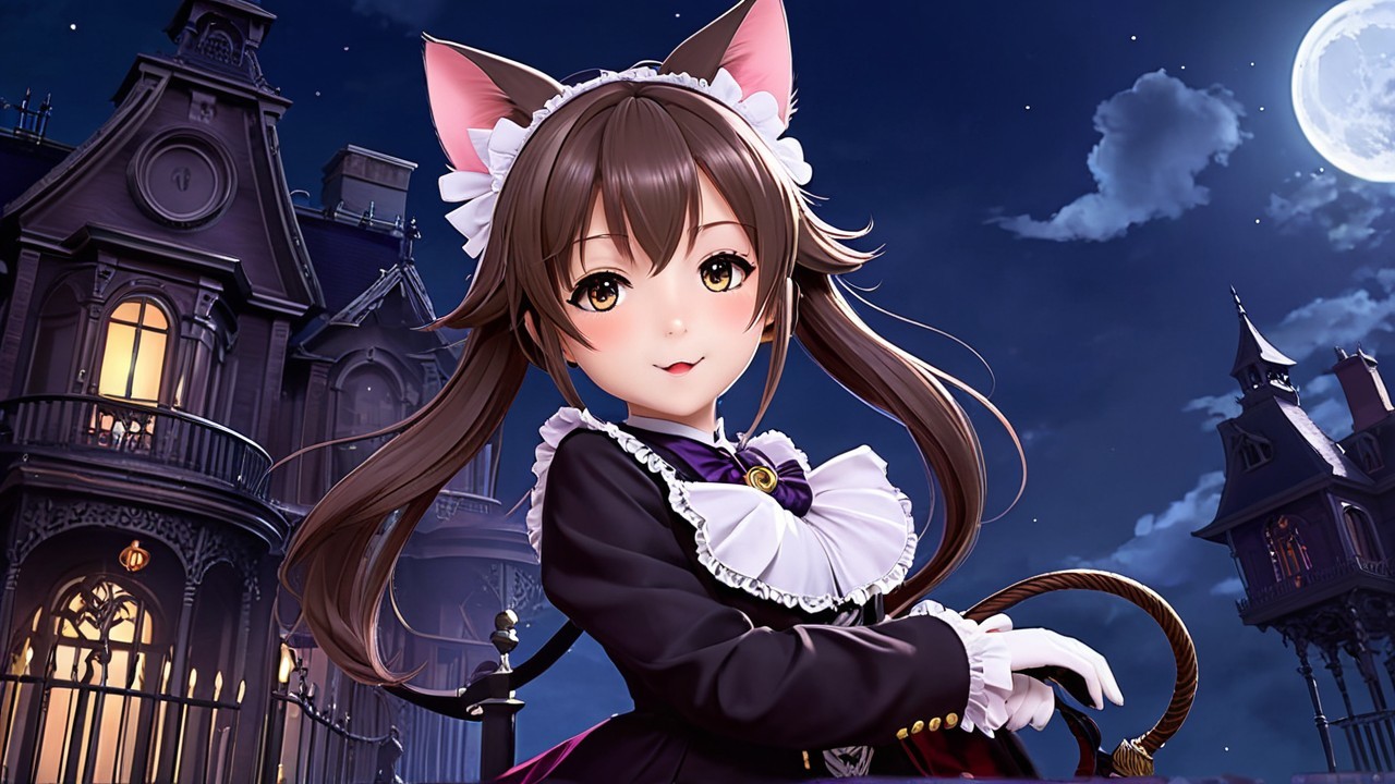 Anime Character in Maid Outfit at Gothic Mansion