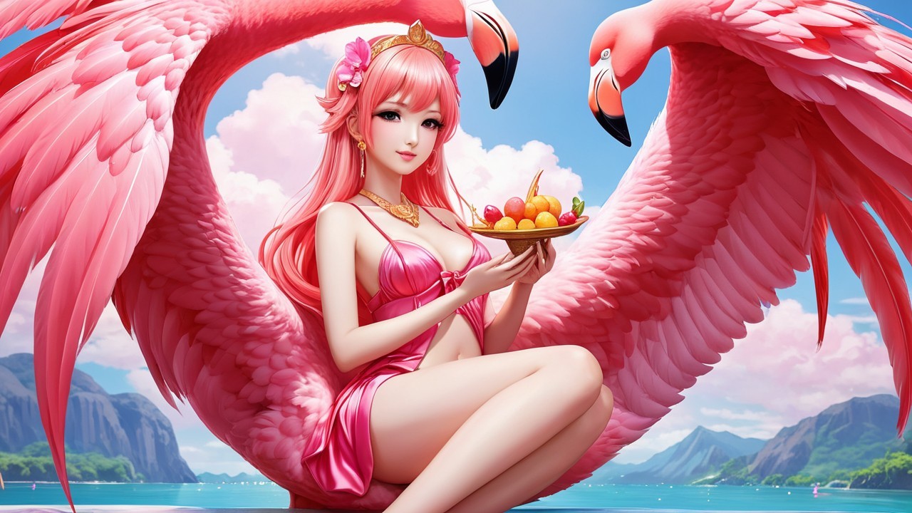 Vibrant Tropical Scene with Character and Flamingos