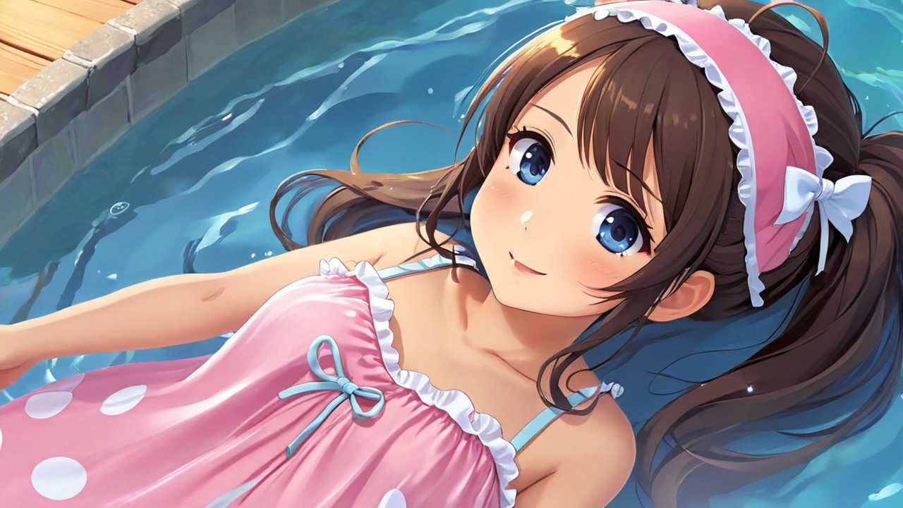 Cheerful girl in pink swimsuit floats in serene pool