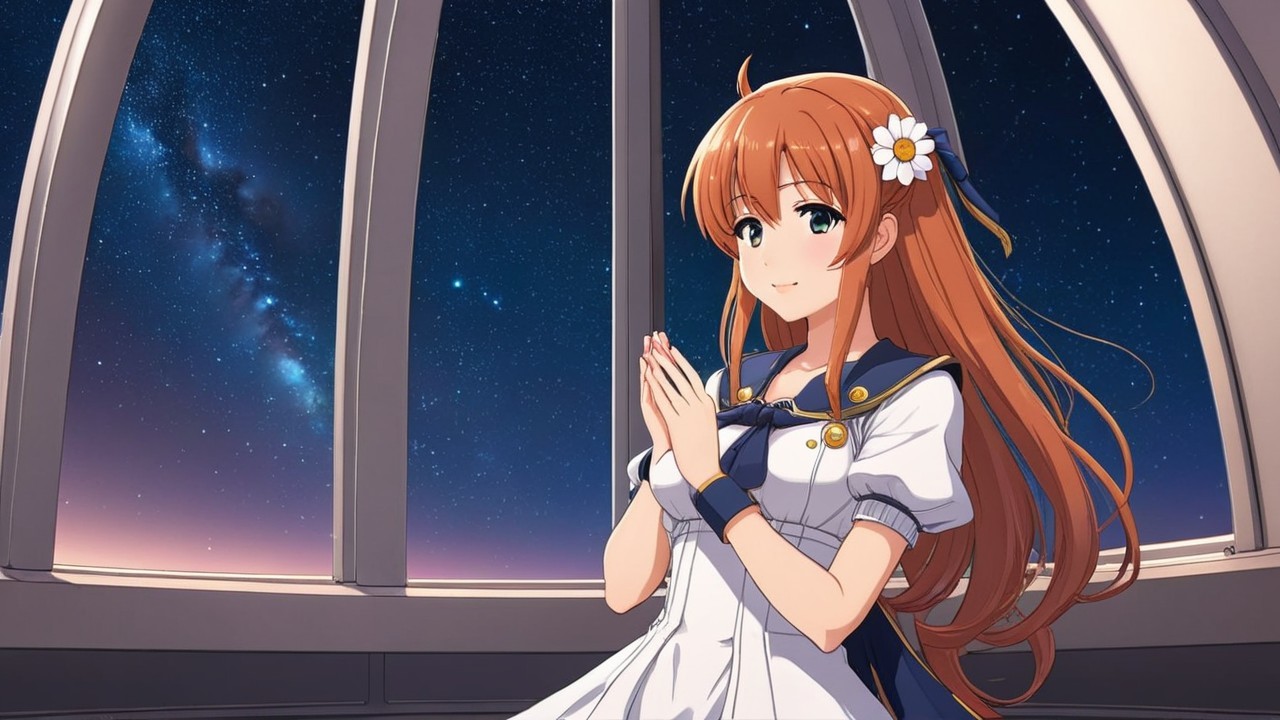 Young girl in observatory with starry night view