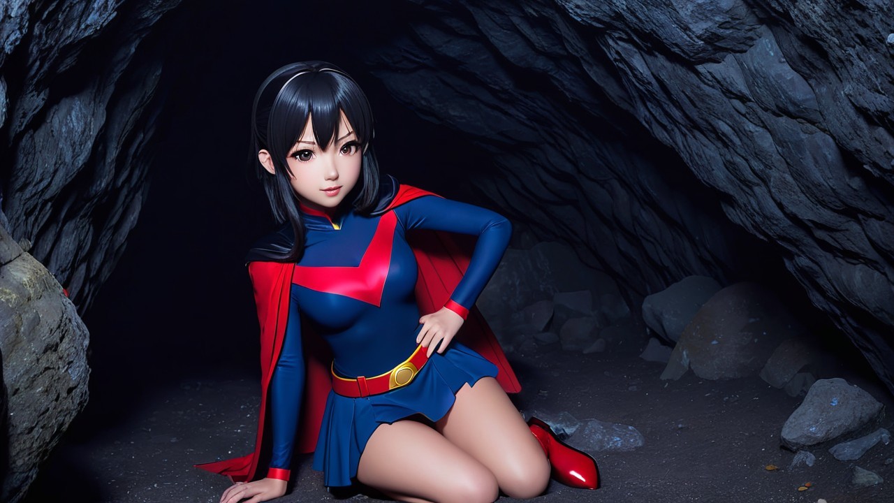 Young female superhero in cave with blue outfit and cape