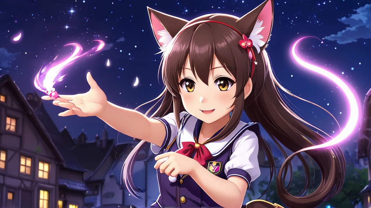 Young girl with cat ears under starry night sky