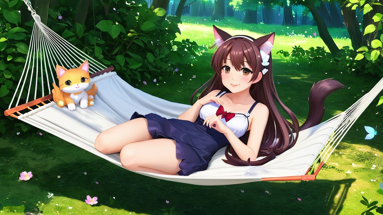 Young girl with cat ears in a forest hammock scene