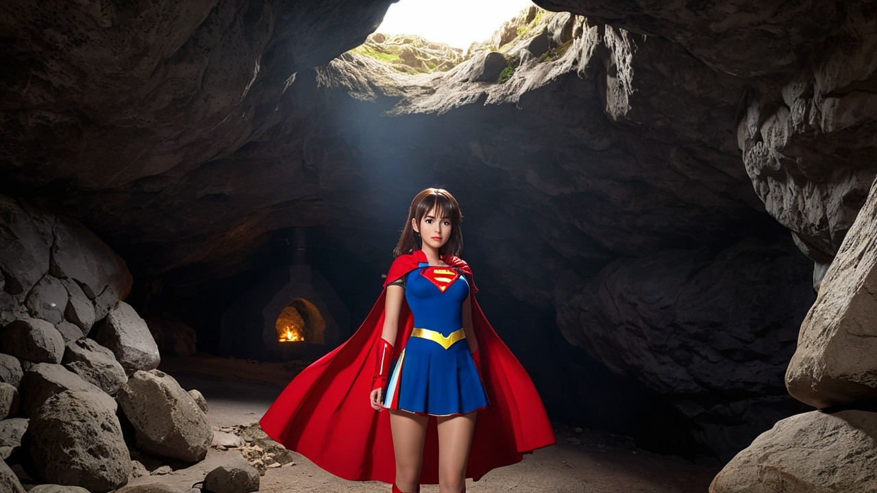 Superhero Figure in Cave with Vibrant Costume