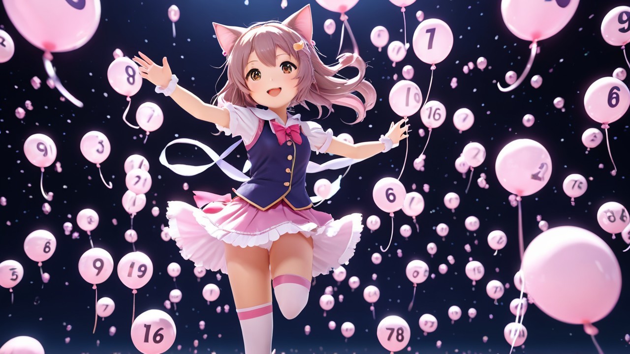 Cheerful Anime Girl Dances with Balloons in Whimsical Scene