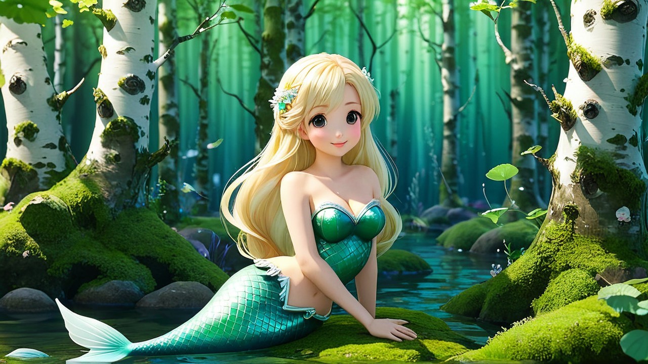 Mermaid by a Forest Pond with Green Tail and Serenity