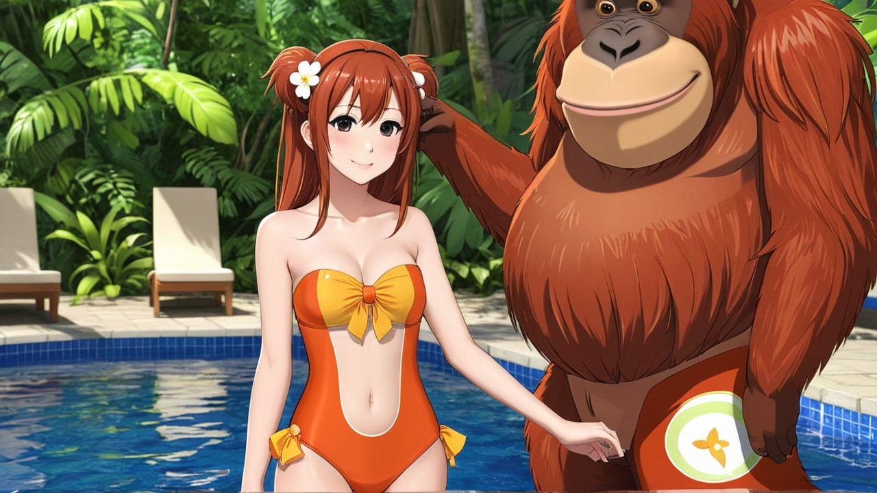 Cheerful girl and cartoon orangutan by a pool