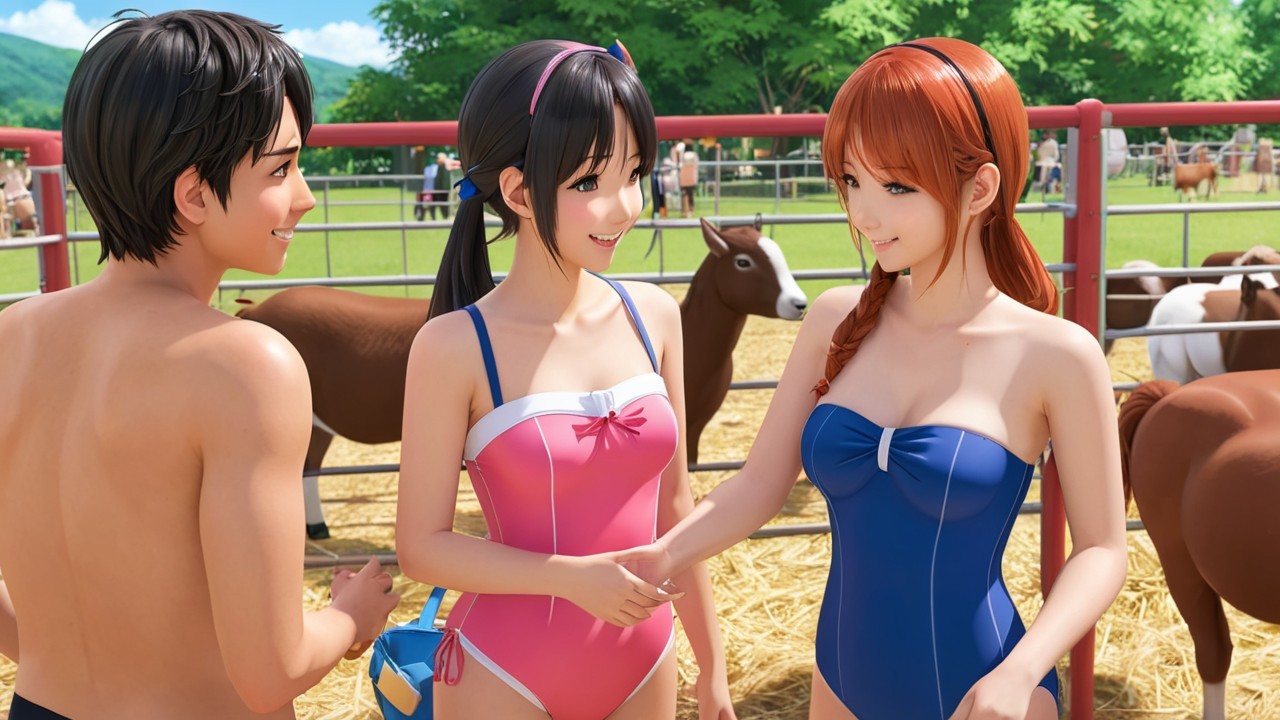 Young Women Handshake on Vibrant Farm with Cows