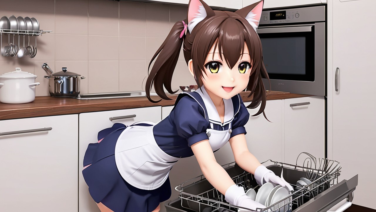 Cheerful anime character in navy maid outfit loading dishwasher