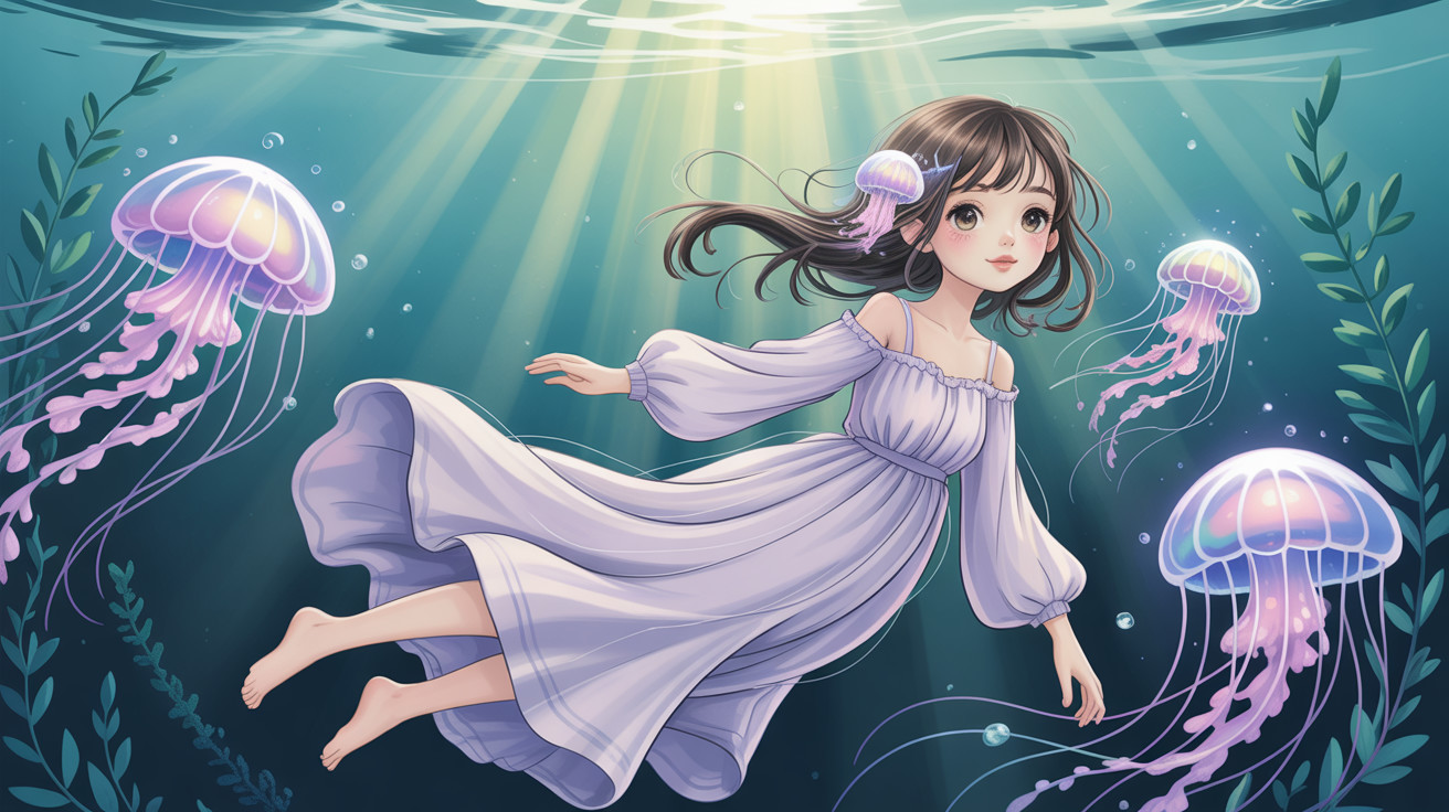 Anime girl in purple dress floating in vibrant water