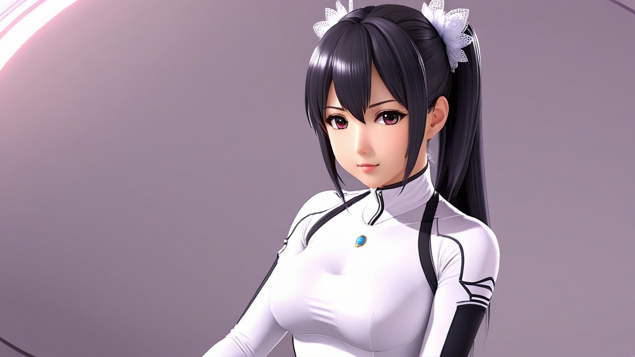 Stylized female character with black hair and flower accessory