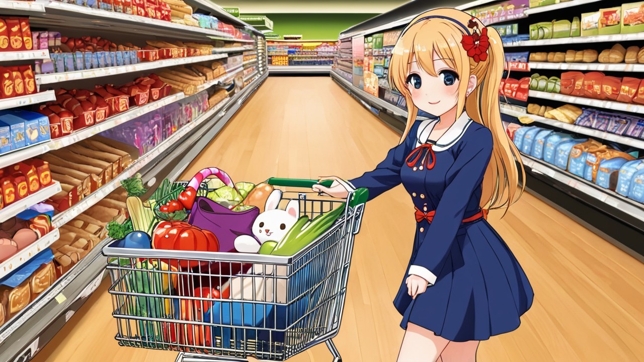 Cheerful Girl with Shopping Cart in Colorful Grocery Aisle