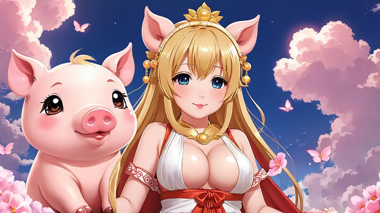 Whimsical anime character with pig in dreamy sky