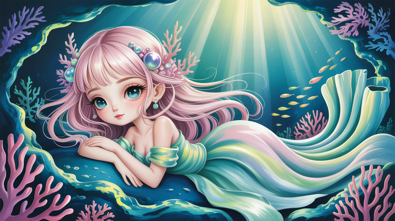 Cute anime mermaid with pink hair in vibrant ocean scene