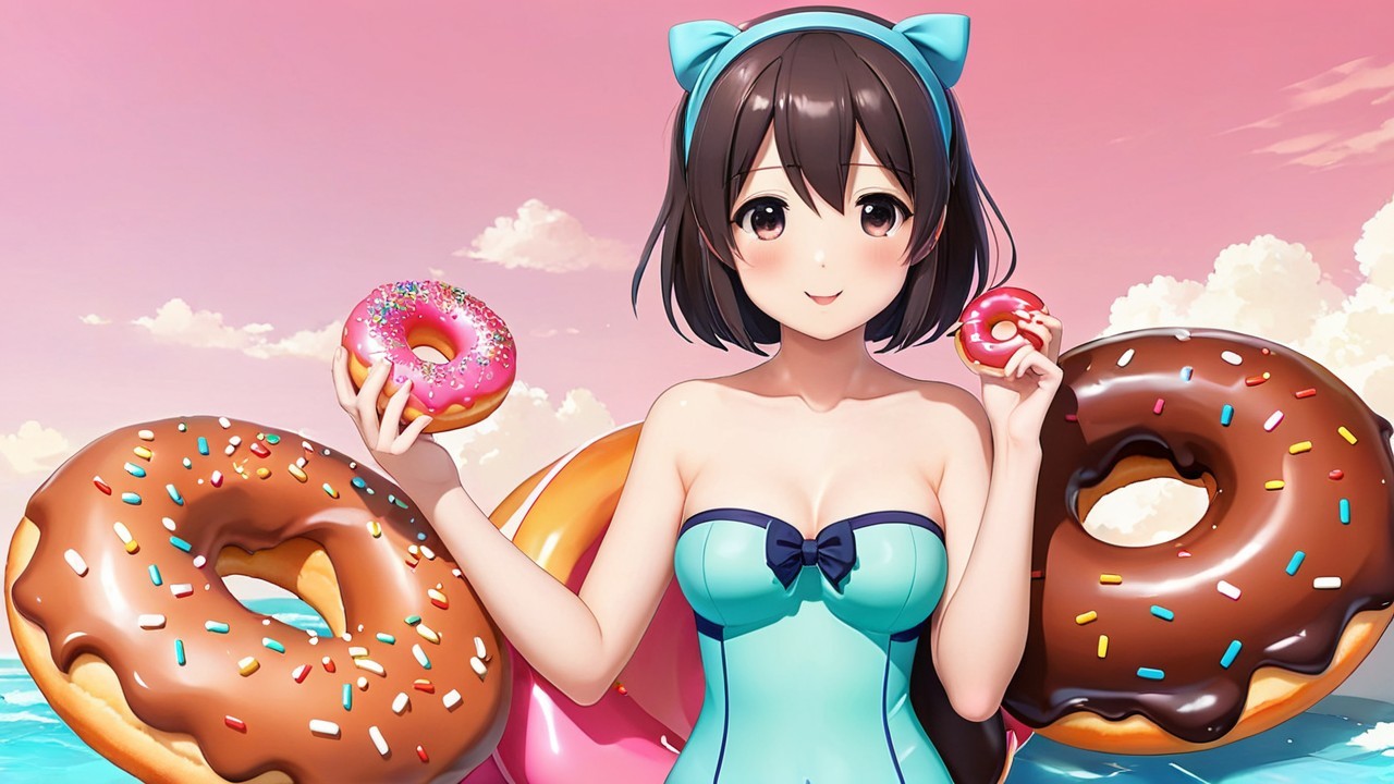Cheerful woman in blue swimsuit with colorful donuts