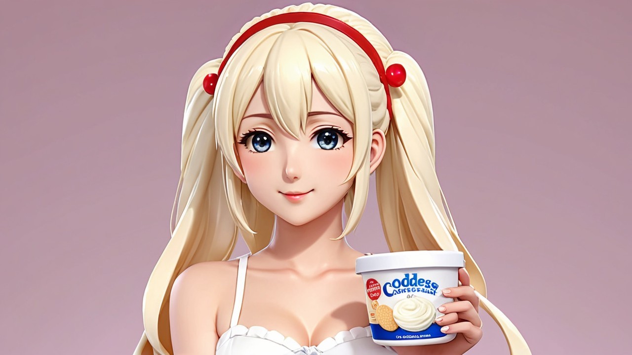 Cheerful anime character with blonde pigtails and ice cream