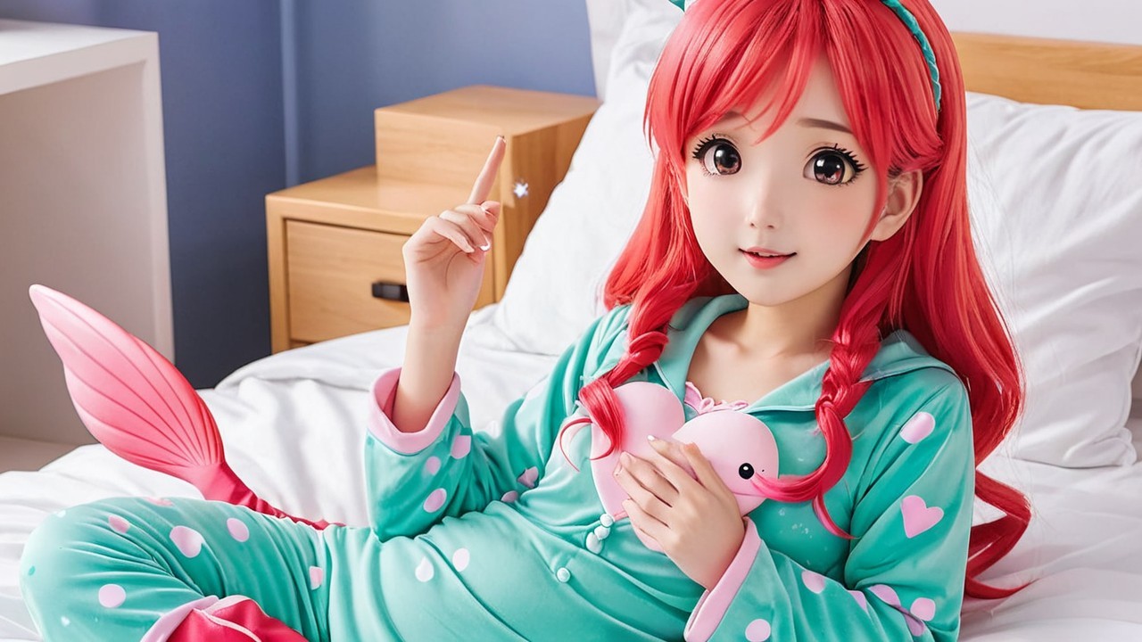 Character with Red Hair in Playful Pajamas and Plush Toy