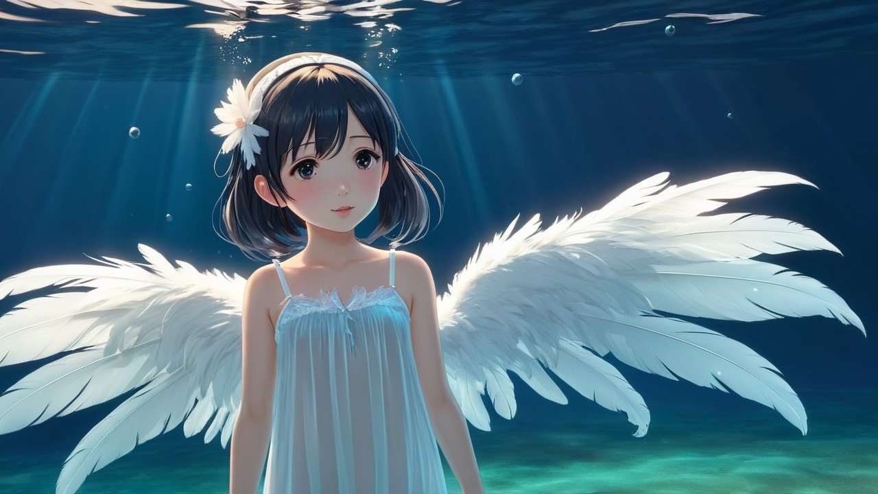 Underwater Scene with Angel-Winged Girl and Sunlight