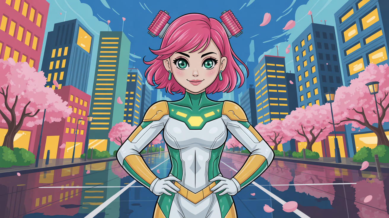 Digital Illustration of Female Superhero in Cityscape
