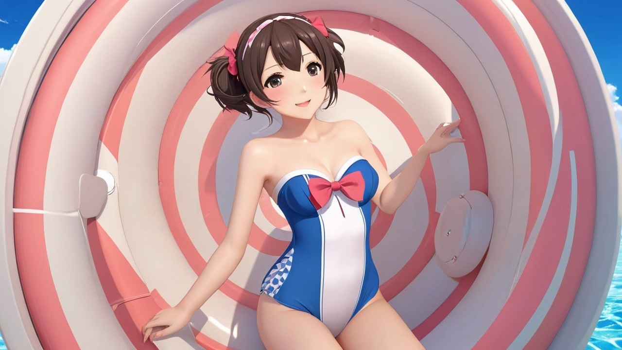 Cheerful animated girl in vibrant swimsuit on float