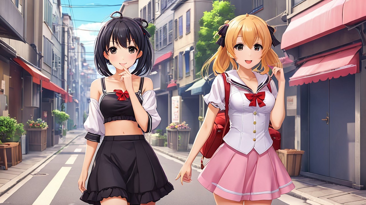 Young women walking on a charming shop-lined street