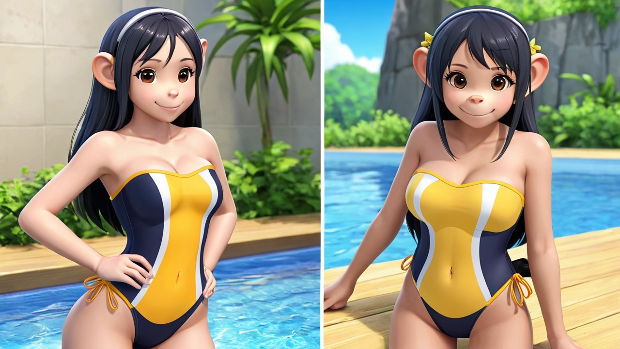 Stylized Character in Vibrant Swimsuit by Pool