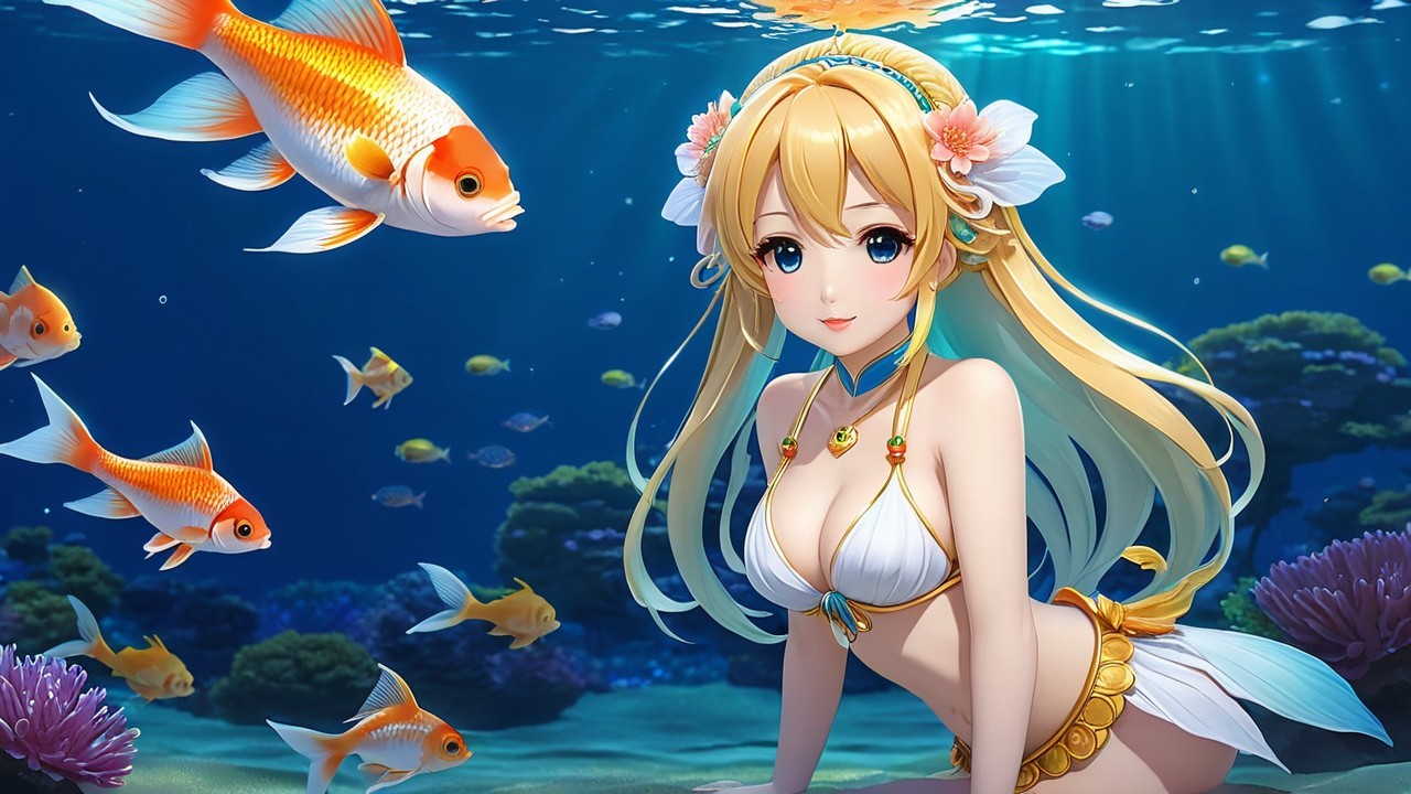 Underwater Scene with Young Woman and Colorful Fish