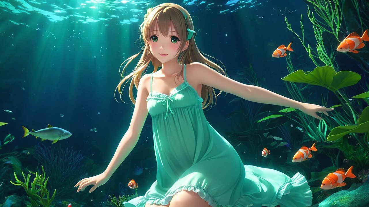 Underwater Scene with Girl in Green Dress and Fish