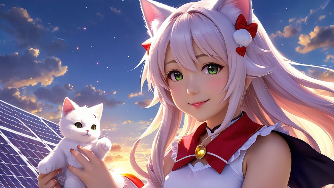 Character with Cat Ears and Kitten at Sunset Scene