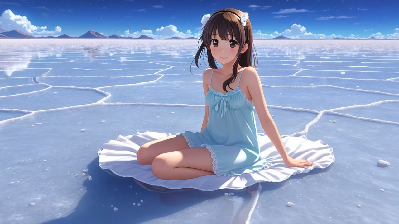 Young girl in blue dress on shimmering salt flat