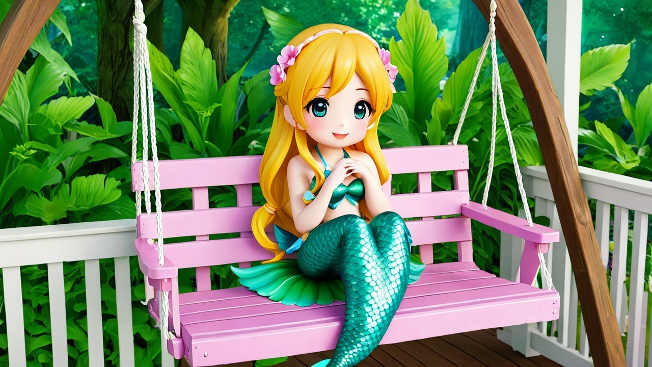 Animated mermaid on a swing in lush greenery