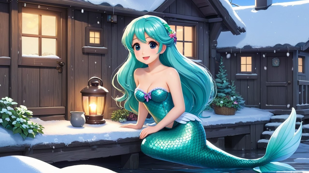 Whimsical Mermaid Scene on Snowy Rooftop