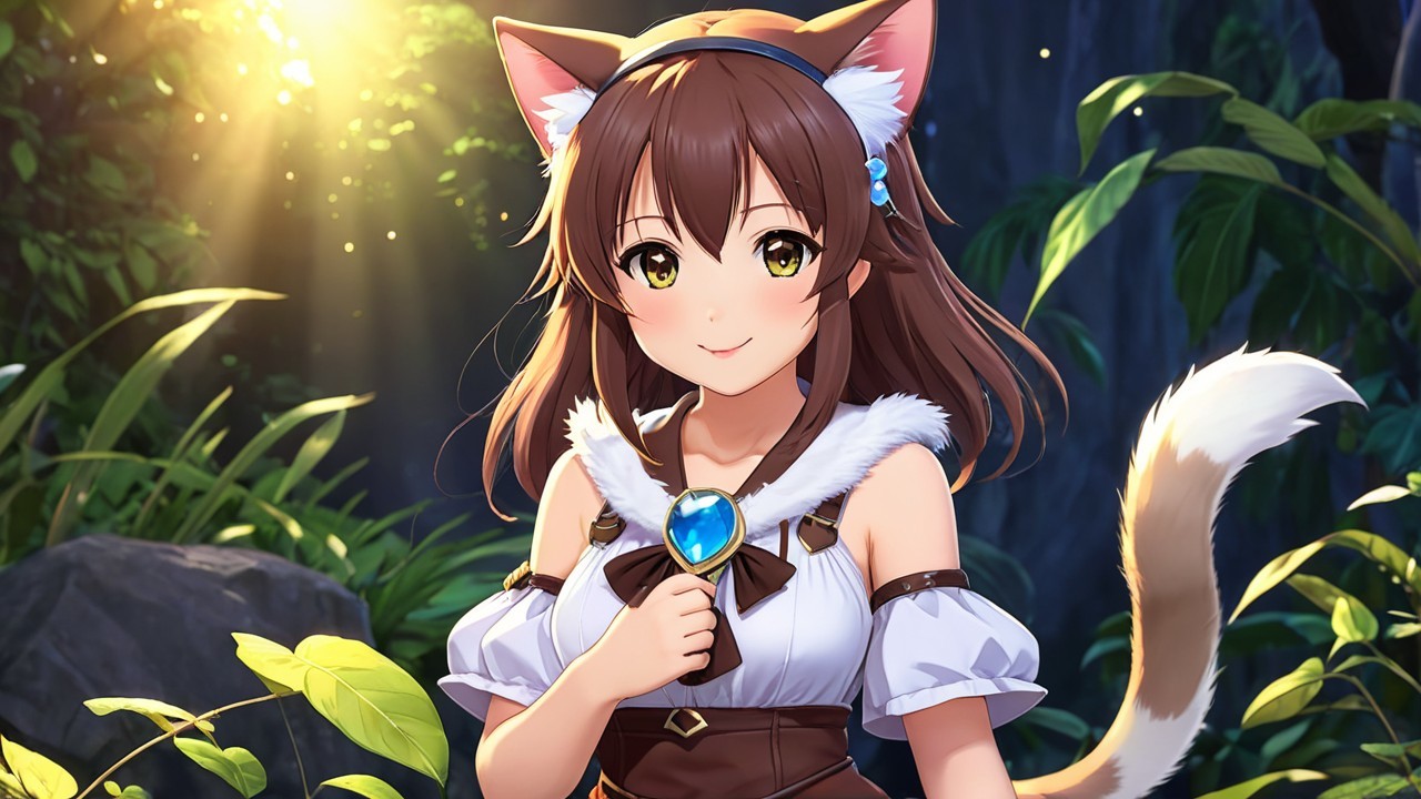 Cheerful girl with cat ears in a vibrant forest setting