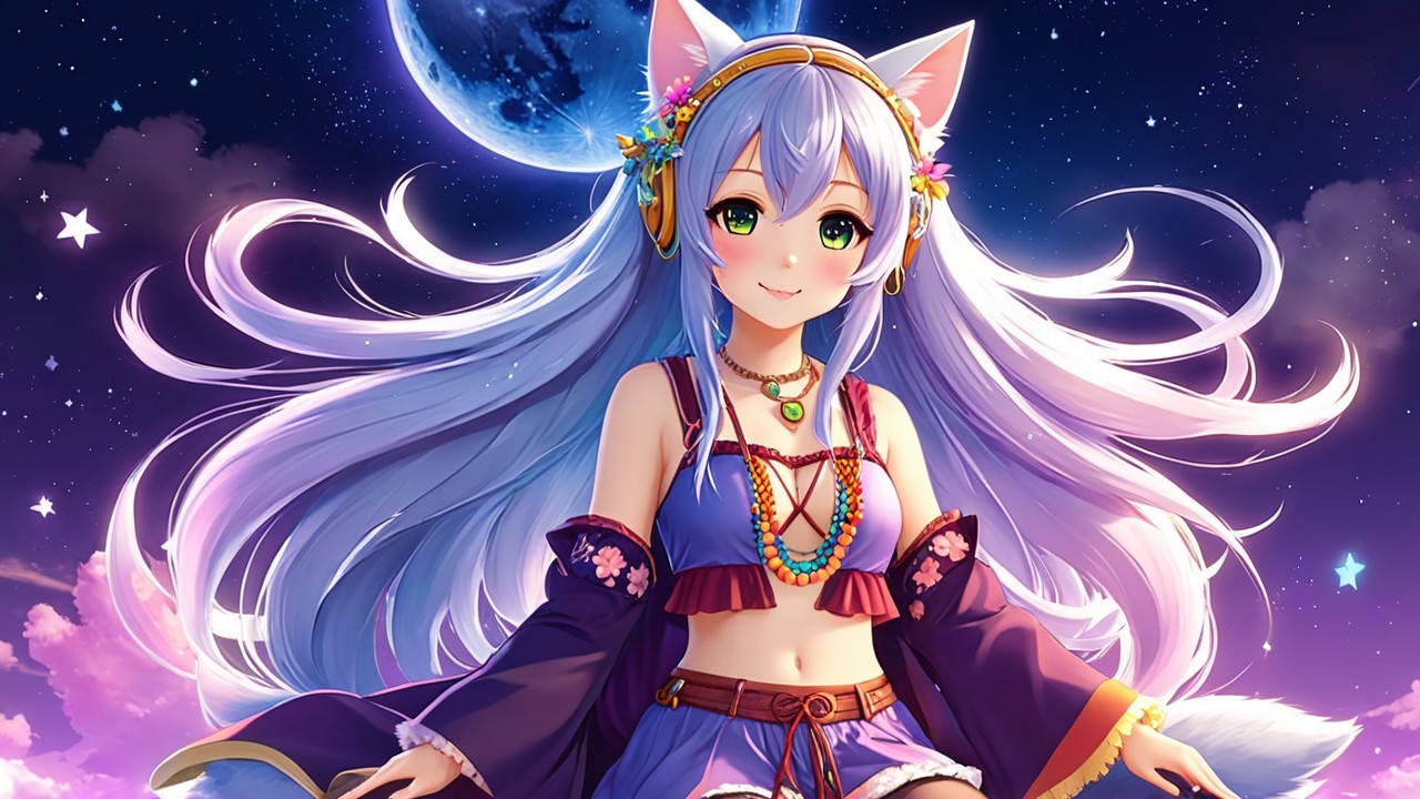 Vibrant anime character with blue hair and cat ears