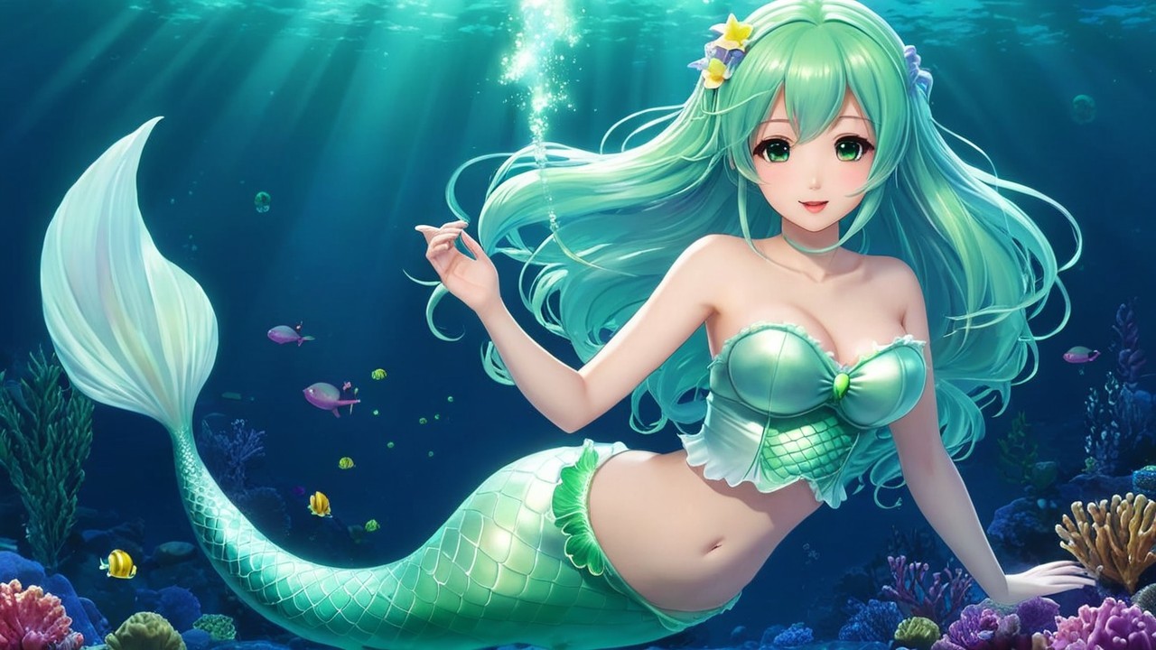 Vibrant Underwater Scene with Enchanting Mermaid