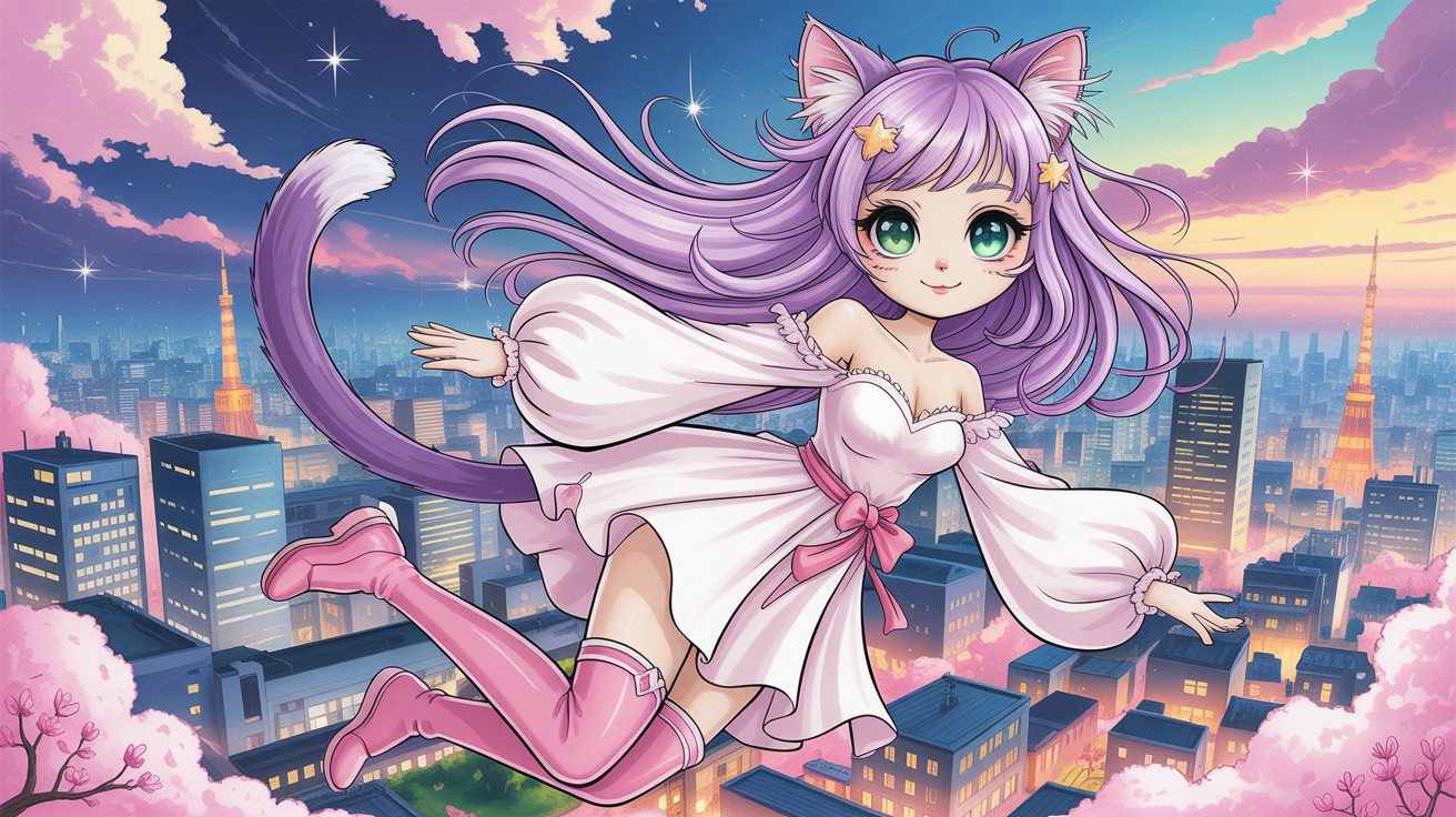 Anime-style neko girl flying over futuristic skyline