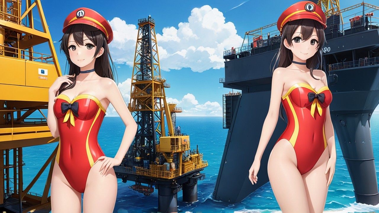 Anime Characters in Red Swimsuits by Ocean and Rig