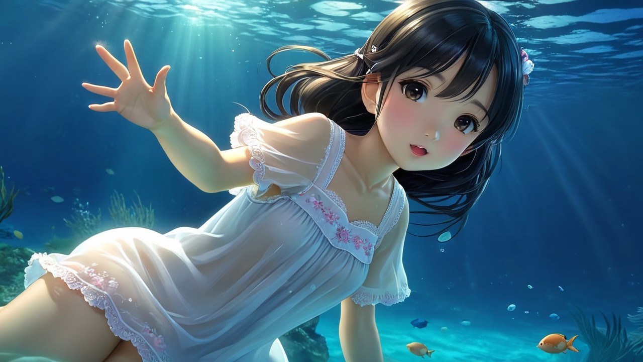 Young girl swimming gracefully in enchanting underwater scene