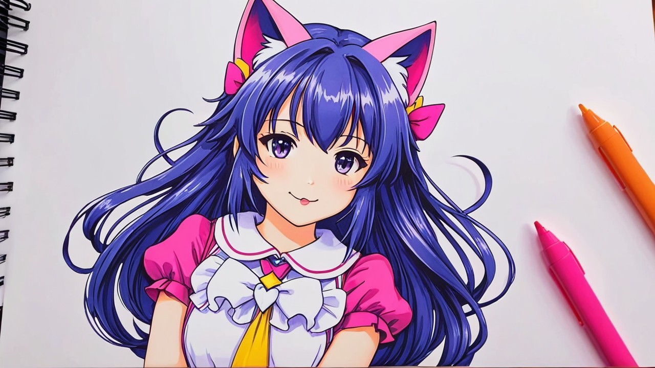 Vibrant Illustration of a Girl with Blue Hair and Cat Ears