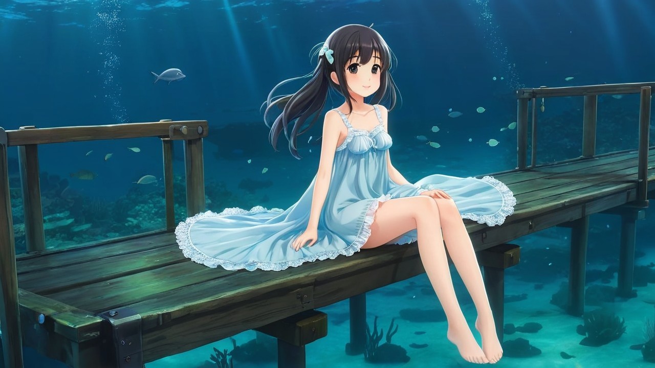 Underwater Scene of a Girl on a Wooden Dock