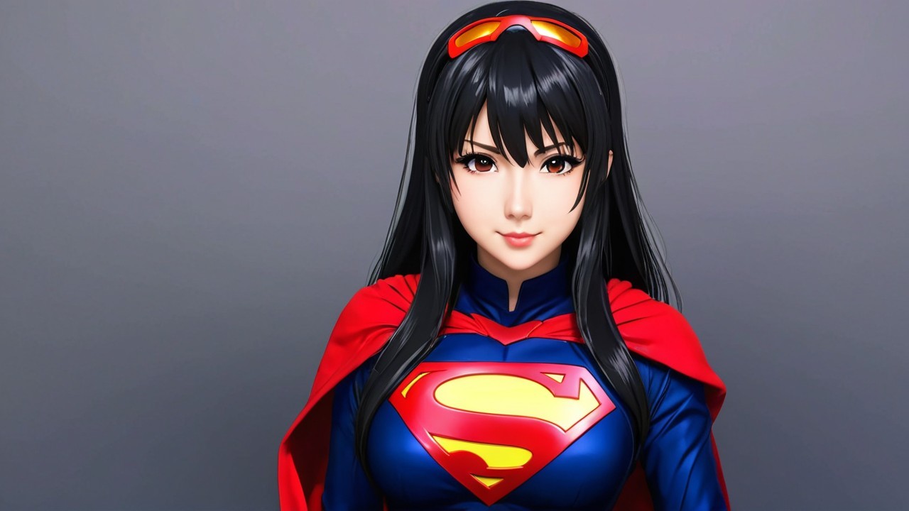 Female superhero in blue and red costume with cape