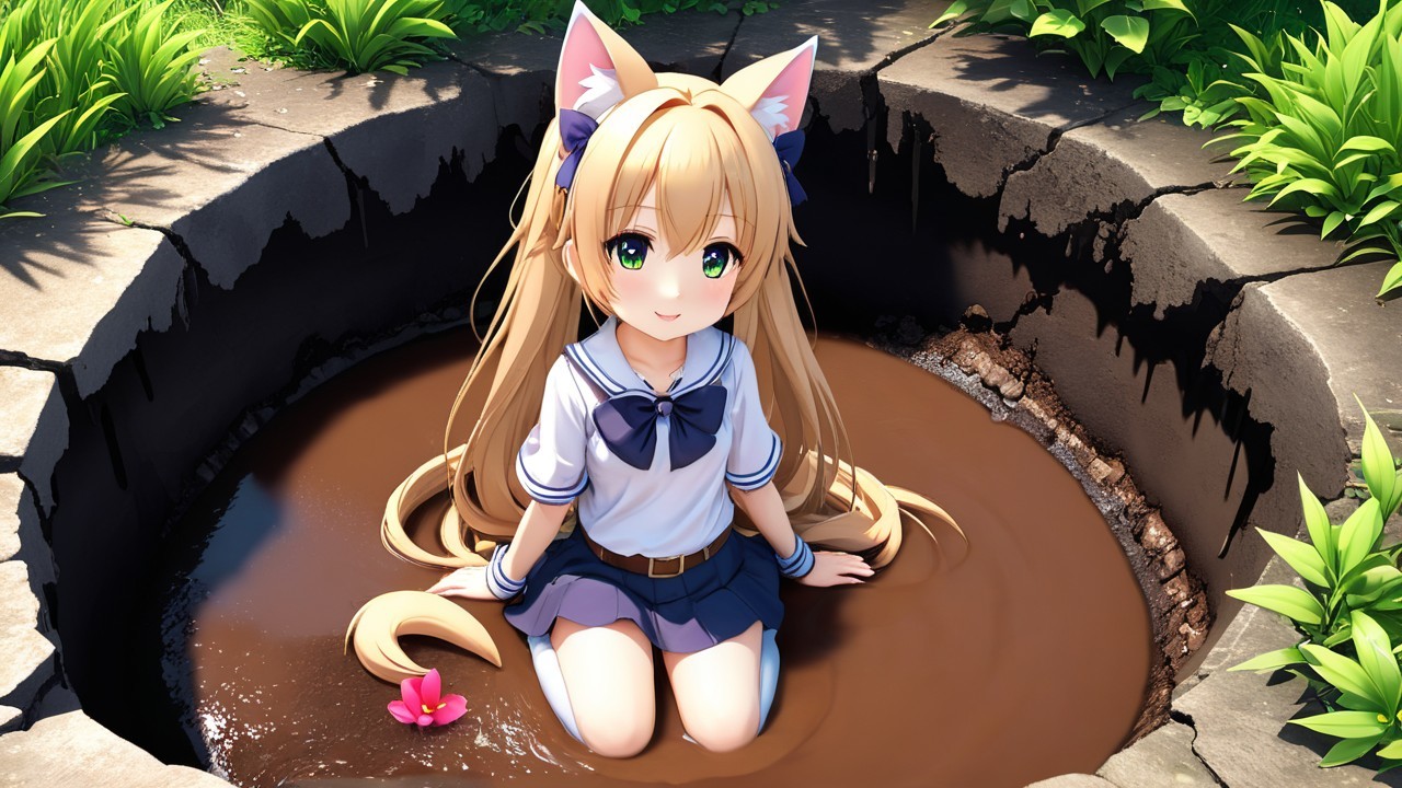 Cheerful Anime Girl in Muddy Hole Surrounded by Grass