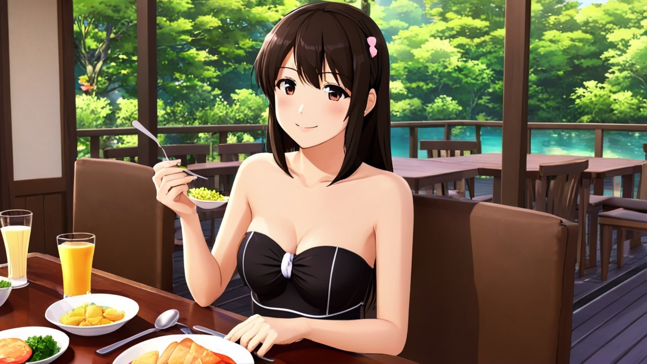 Young woman at a table with meal in scenic setting
