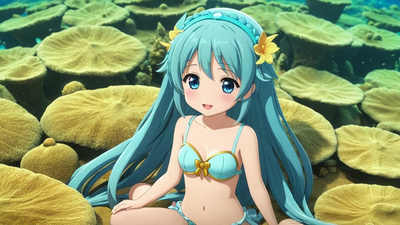 Cheerful anime character on vibrant coral reef