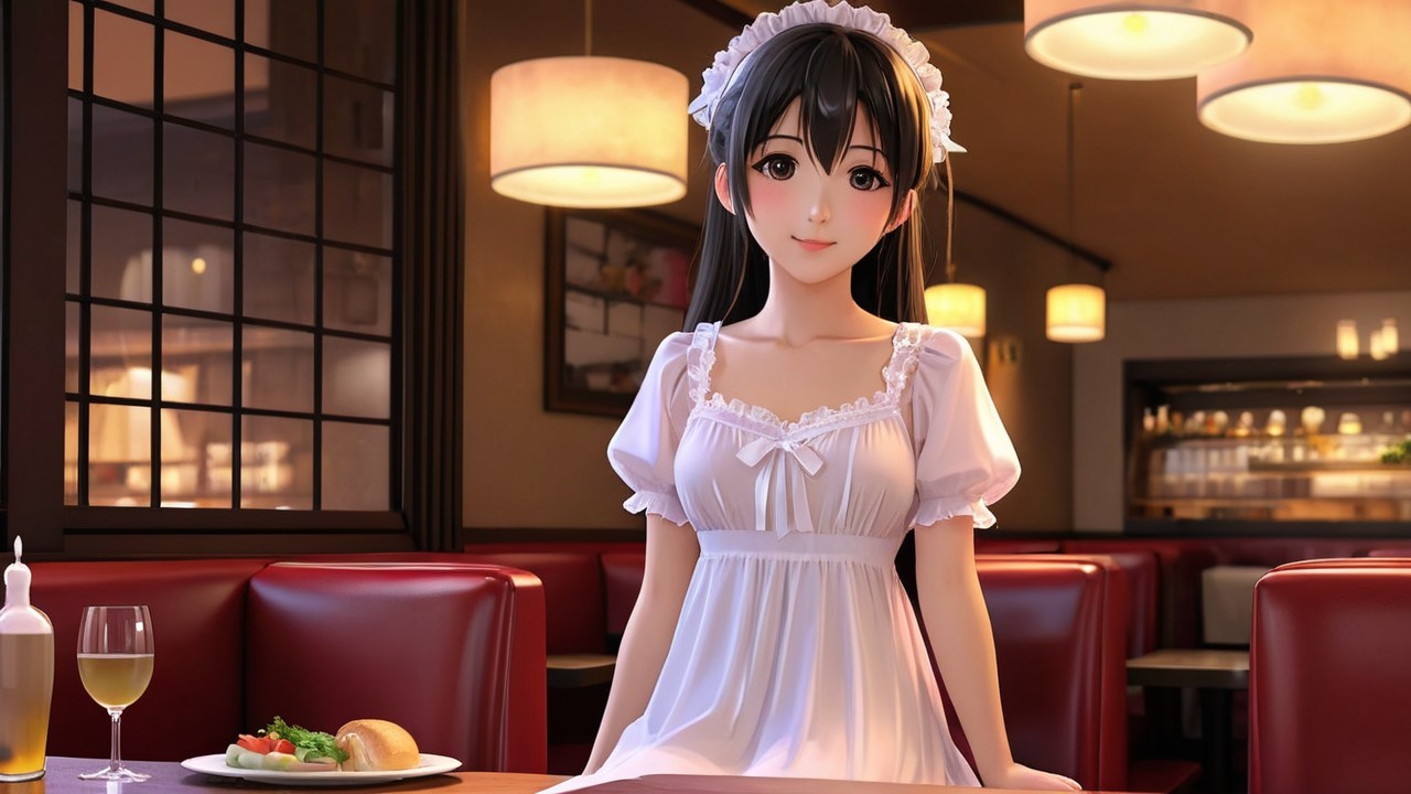 Anime-Style Waitress in Cozy Restaurant Setting