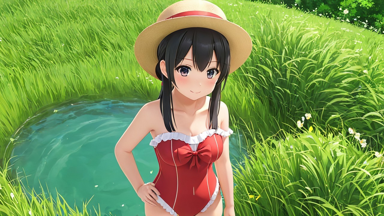 Cheerful girl in red swimsuit by serene pond