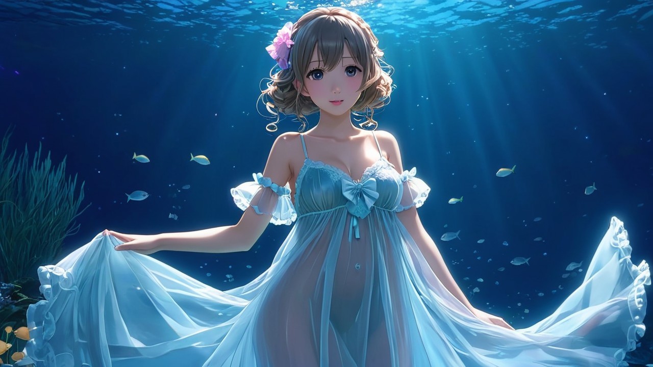 Underwater Scene with Young Woman in Aqua Dress