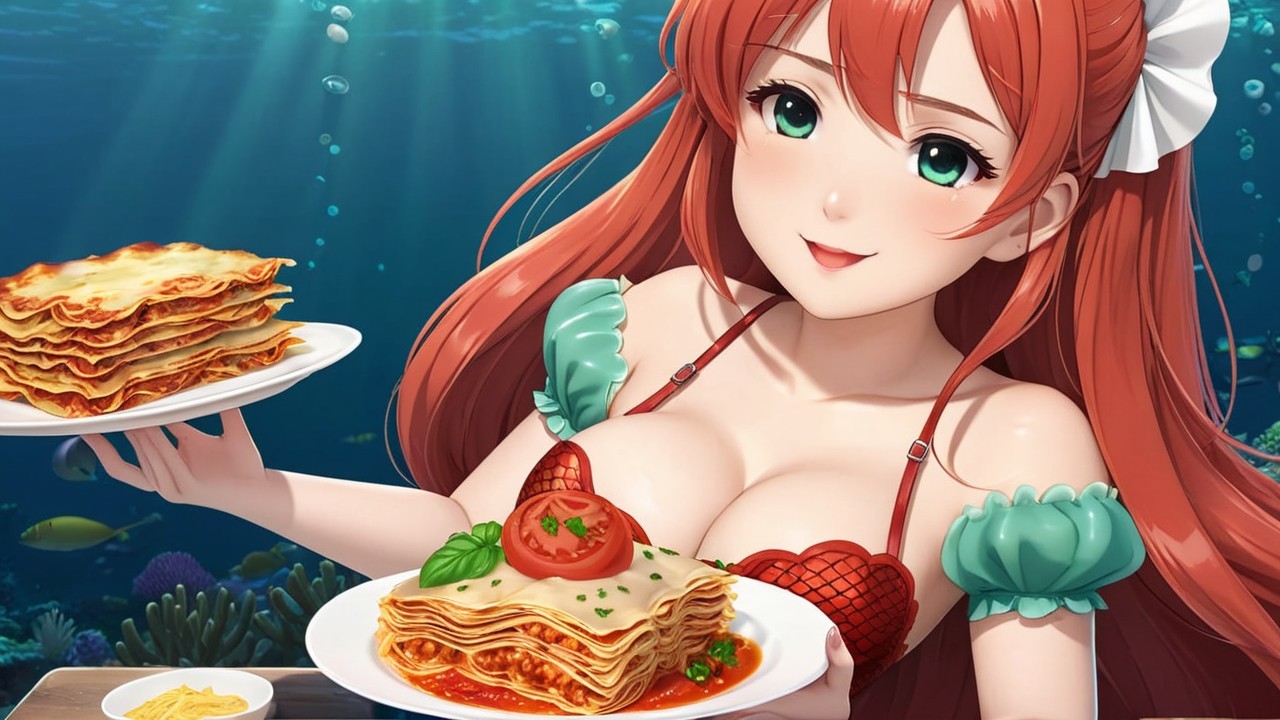 Underwater Scene with Anime Woman and Lasagna Display